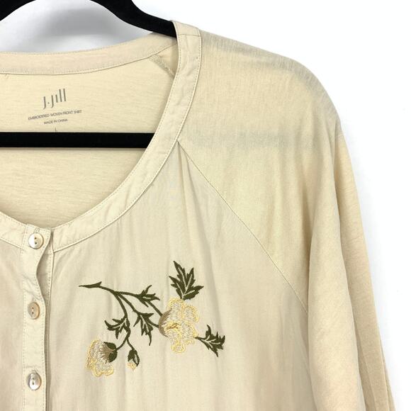 J.Jill Embroidered Woven Front Shirt Womens Sz PL Tan Long Sleeve Button Front - Picture 3 of 6